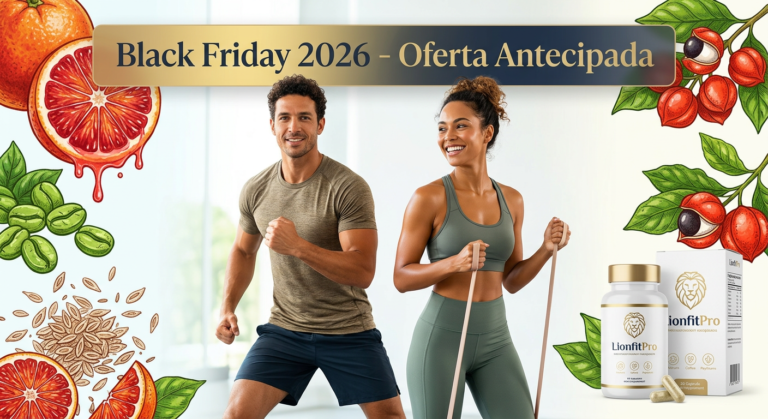 Casal energizado com corpo transformado, cercado por ingredientes naturais do LionfitPro (Laranja Moro, Café Verde) e banner de 'Black Friday 2026 Oferta Antecipada'.