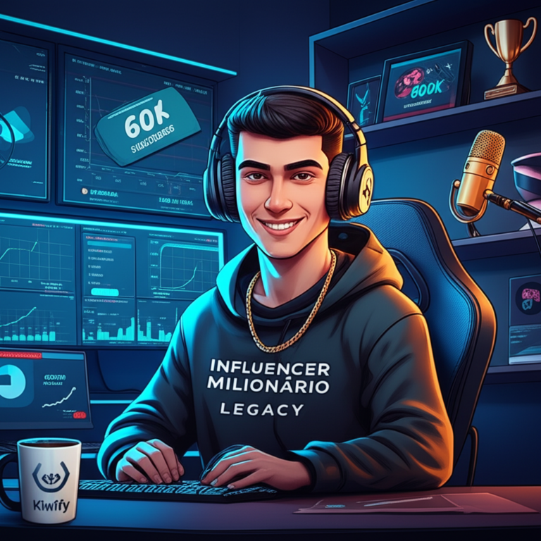 Criador de conteúdo em estúdio moderno, analisando gráficos de crescimento no YouTube, representando o curso Influencer Milionário LEGACY.