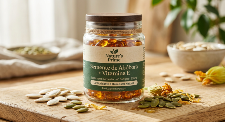 Frasco do suplemento Semente de Abóbora + Vitamina E da Nature's Prime, com cápsulas e sementes de abóbora espalhadas, destacando os ingredientes naturais e os benefícios para a saúde.