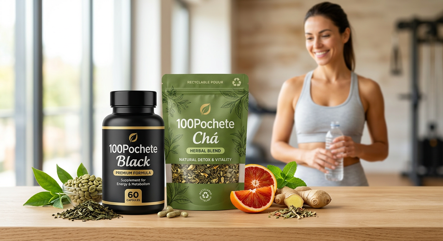 Imagem dos suplementos 100Pochete Black (frasco preto) e 100Pochete Chá (embalagem verde), cercados por ingredientes naturais como café verde e laranja moro, com uma mulher feliz e em forma ao fundo, representando os resultados de emagrecimento e bem-estar.