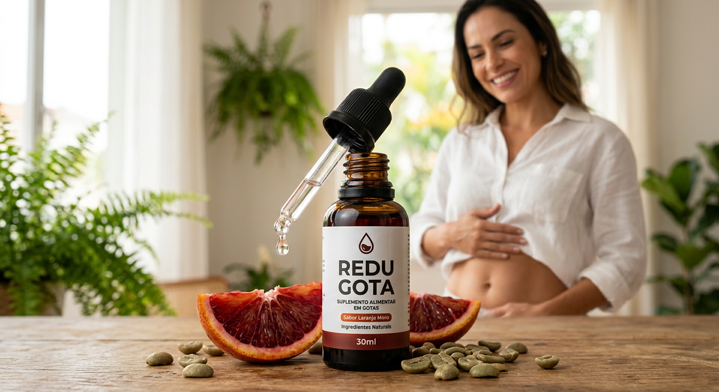 Frasco de Redu Gota com laranja moro e café verde, e mulher sorrindo com barriga mais lisa, simbolizando emagrecimento e bem-estar.