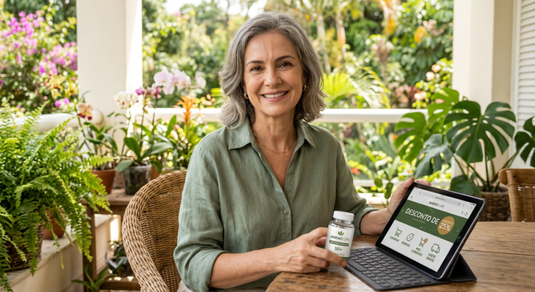 Mulher sorridente e confiante, de meia-idade, segurando um frasco de Ameno Life e um tablet com símbolos de ofertas online, em um ambiente natural e luminoso.