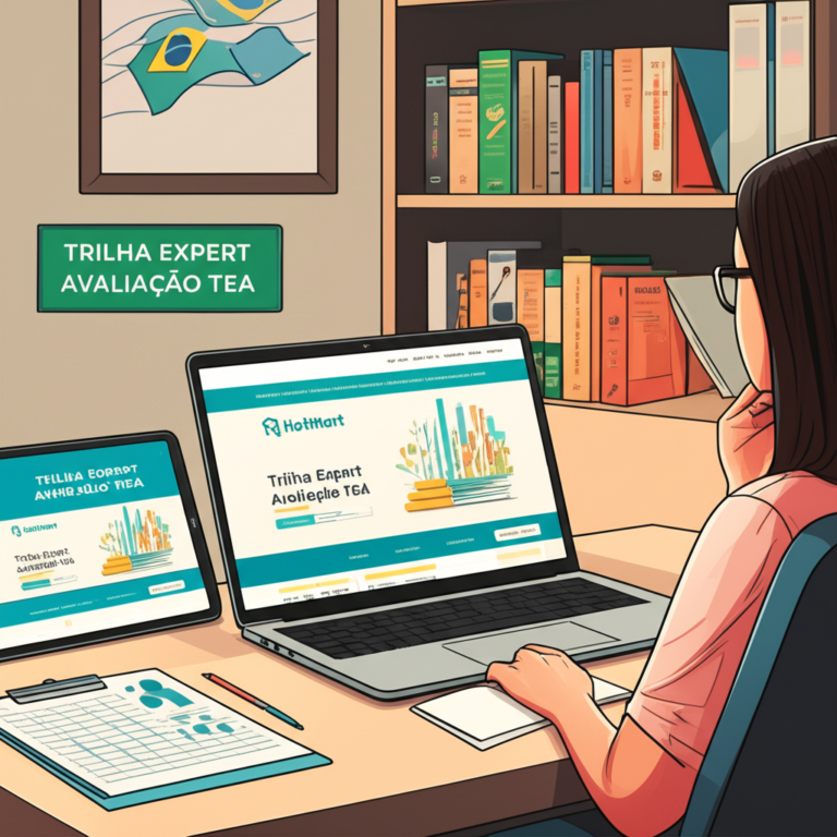 Ilustração de psicólogo(a) analisando instrumentos de avaliação do TEA ao lado de laptop com logo da Hotmart e materiais clínicos.