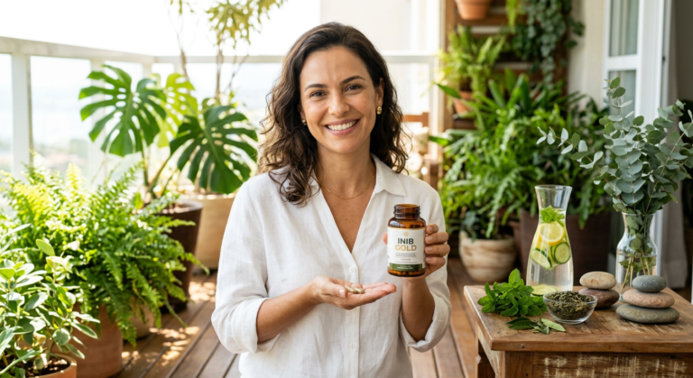 Mulher sorrindo com expressão de leveza segurando INIB GOLD, simbolizando emagrecimento natural e bem-estar