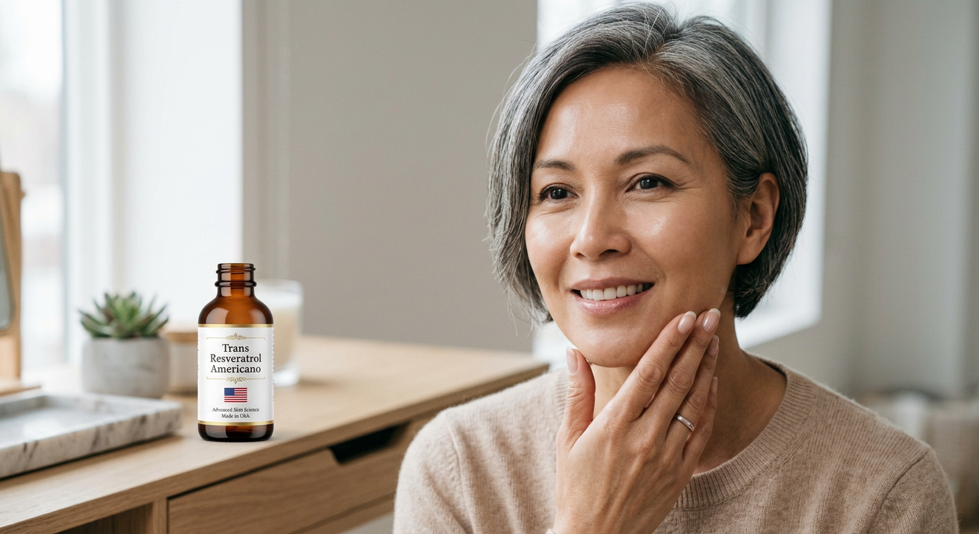 Mulher com pele rejuvenescida e lisa, evidenciando os resultados do Trans Resveratrol Americano sublingual para rugas e flacidez.