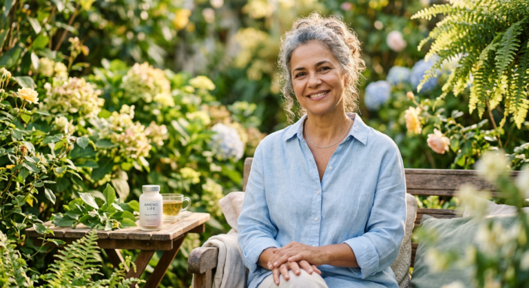 Mulher de meia-idade sorridente e relaxada, transmitindo bem-estar e alívio dos sintomas da menopausa, simbolizando os benefícios de Ameno Life.