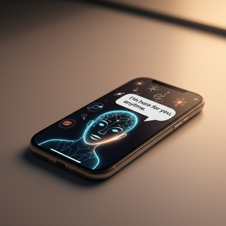 Tela do aplicativo AndreaAi no celular, mostrando um avatar de IA em forma de cérebro que oferece apoio emocional 24/7.