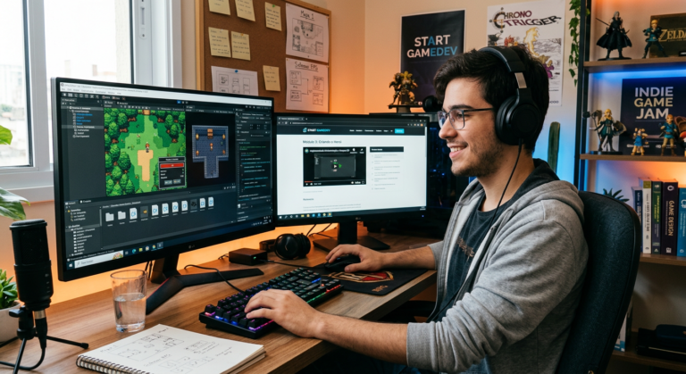 Desenvolvedor de jogos criando seu primeiro jogo 2D