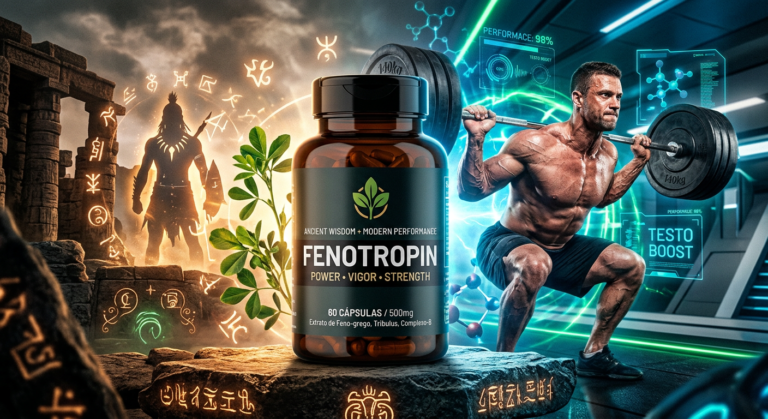 Cápsulas de Fenotropin em primeiro plano com fundo de atleta musculoso, elementos de guerreiro ancestral e tecnologia, representando força e vitalidade.