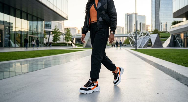 Pessoa utilizando calçados Quadradox de design quadrado em ambiente urbano, com foco no conforto e estilo inovador.