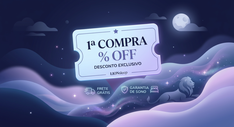 Cupom de desconto LIONsleep para primeira compra em ambiente digital sereno com elementos de sono profundo e branding minimalista.