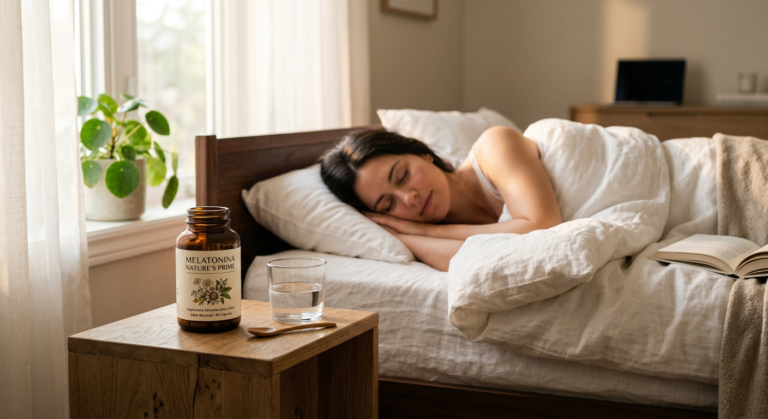 Frasco de Melatonina Nature's Prime em uma mesa de cabeceira ao lado de uma pessoa dormindo profundamente, com luz suave da manhã, simbolizando sono reparador e natural.