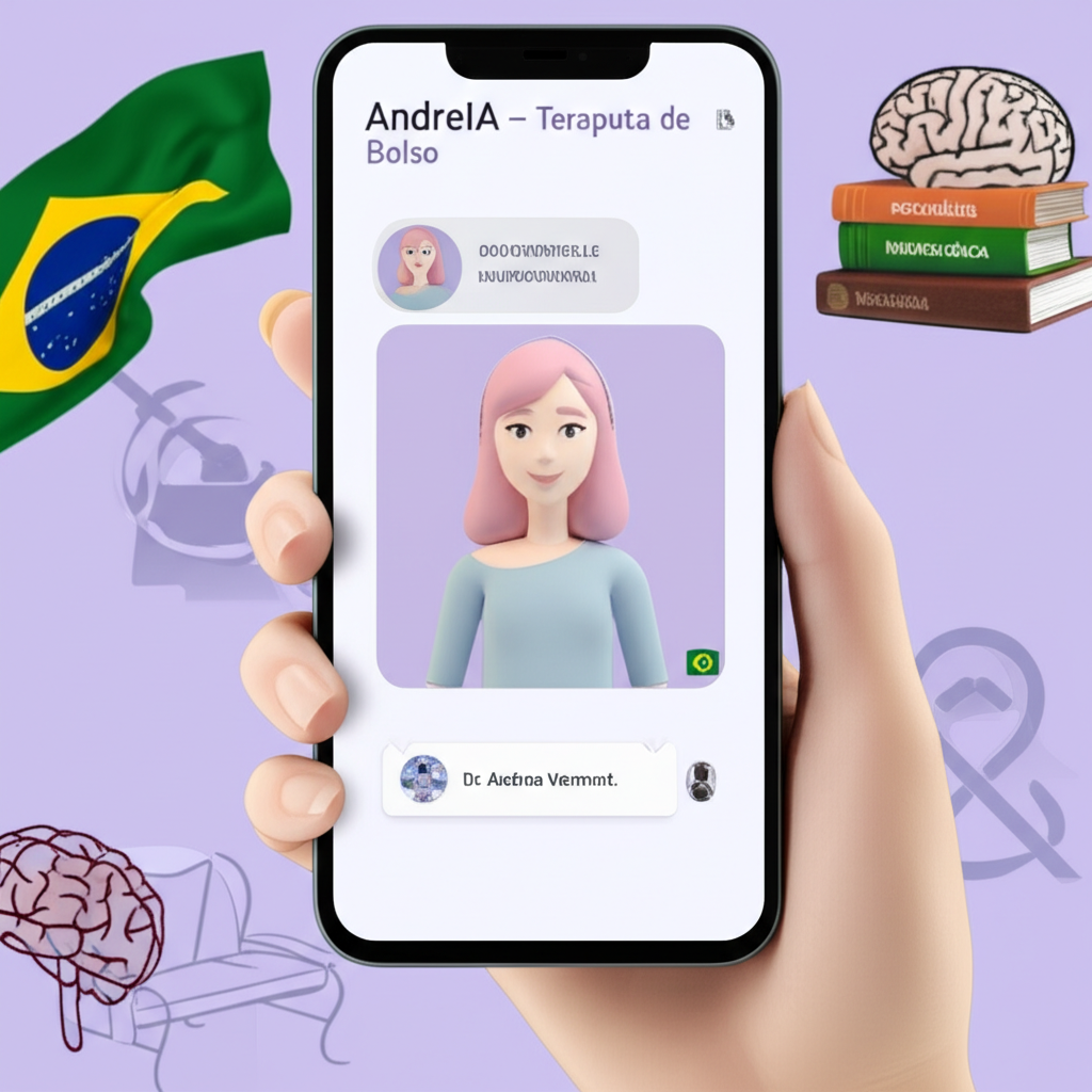 Tela do aplicativo AndreIA – Terapeuta de Bolso exibindo conversa de IA com ícones de psicologia e símbolos brasileiros.