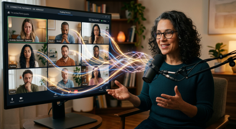 Dra. Andréa Vermont em um evento online da Imersão Tradutor de Almas, com participantes virtuais ao fundo, simbolizando a busca por autoconhecimento e clareza emocional.