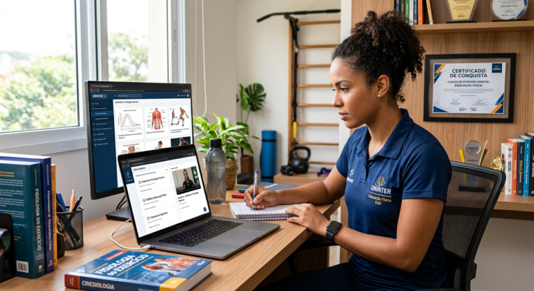 Estudante focado em Bacharelado de Educação Física EAD do Instituto Óliver, com laptop, material de estudo e elementos de fitness e carreira policial.