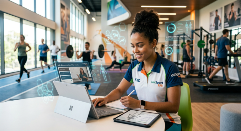 Estudante EAD de Educação Física do Instituto Óliver com laptop e elementos esportivos, simbolizando o aprendizado online e a prática profissional.