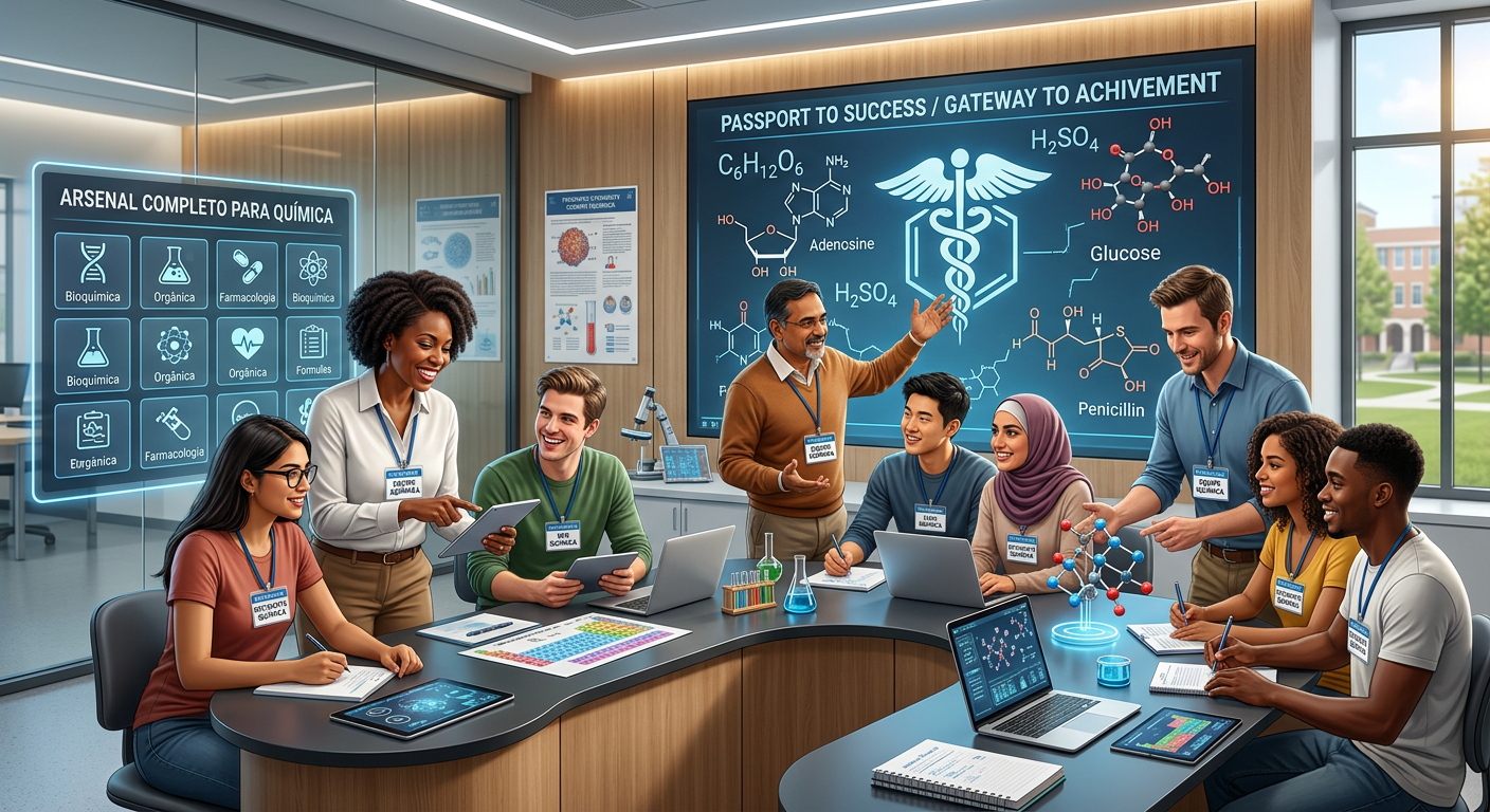 Professores da Equipe iQuímica guiando alunos em estudo de química para Medicina, com elementos visuais do 'Passaporte iQuímica 2026' e seu Seguro Aprovação.