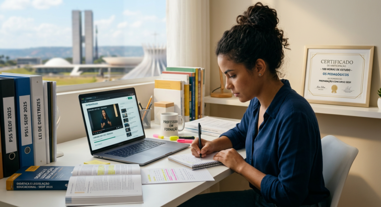 Estudante focado se preparando para o PSS SEDF 2025 com o curso 'Garantindo as Melhores Carências' da Os Pedagógicos