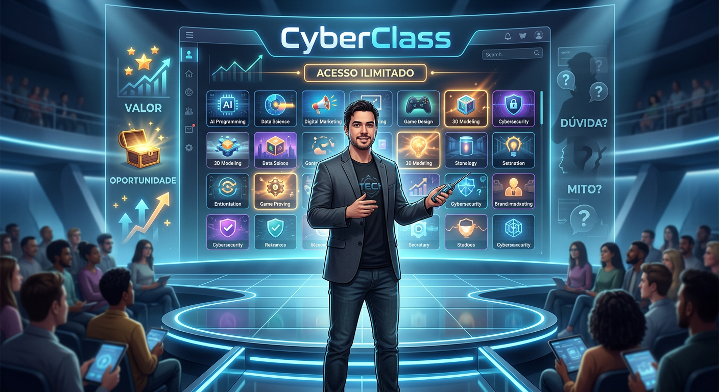 Peter Jordan em um ambiente tecnológico, apresentando a plataforma CyberClass com diversos ícones de cursos e a indicação de "acesso ilimitado", representando a análise de custo-benefício do serviço e a questão da profundidade versus variedade.