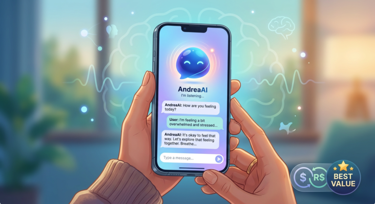 Smartphone com o aplicativo AndreaAI aberto, mostrando uma interface de chatbot amigável e reflexiva. Mãos seguram o celular, simbolizando um 'terapeuta de bolso' com inteligência artificial treinada em psicanálise pela Dra. Andrea Vermont, oferecendo apoio emocional e autoconhecimento. Elementos visuais sutis indicam uma compra inteligente e economia.