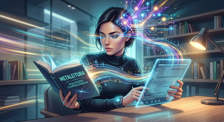 Pessoa lendo rapidamente um livro e um tablet, com luzes e padrões abstratos de atividade cerebral ao redor da cabeça, simbolizando leitura dinâmica e metaleitura profunda. Um visual moderno de aprendizado acelerado.