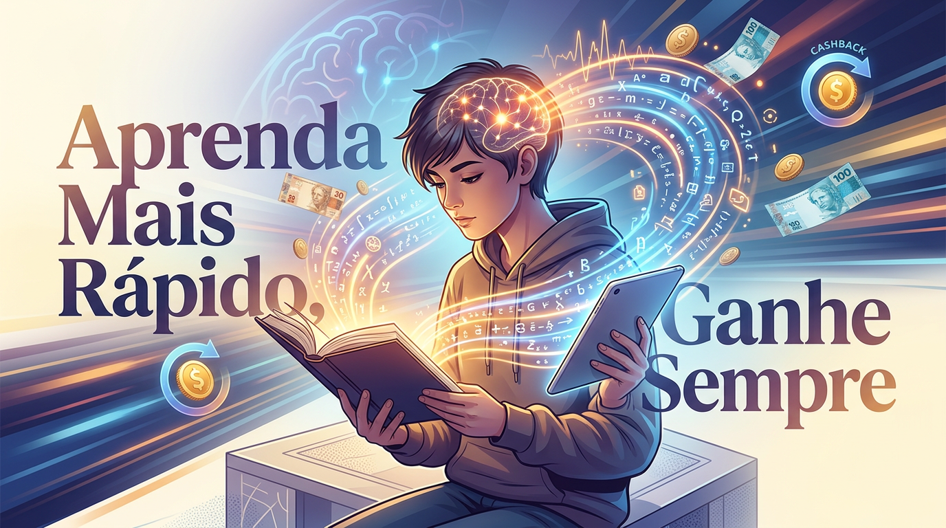 Pessoa lendo rapidamente com livros e tablets, cercada por símbolos de dinheiro e cashback, representando o Curso Leitura Dinâmica Metaleitura de Renato Alves e a questão do retorno financeiro.