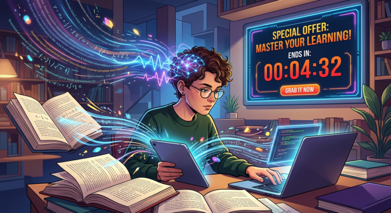 Pessoa lendo rapidamente com foco intenso, informações fluindo de livros e telas digitais, com um timer de contagem regressiva da Hotmart ao fundo, simbolizando leitura dinâmica e uma oferta limitada.