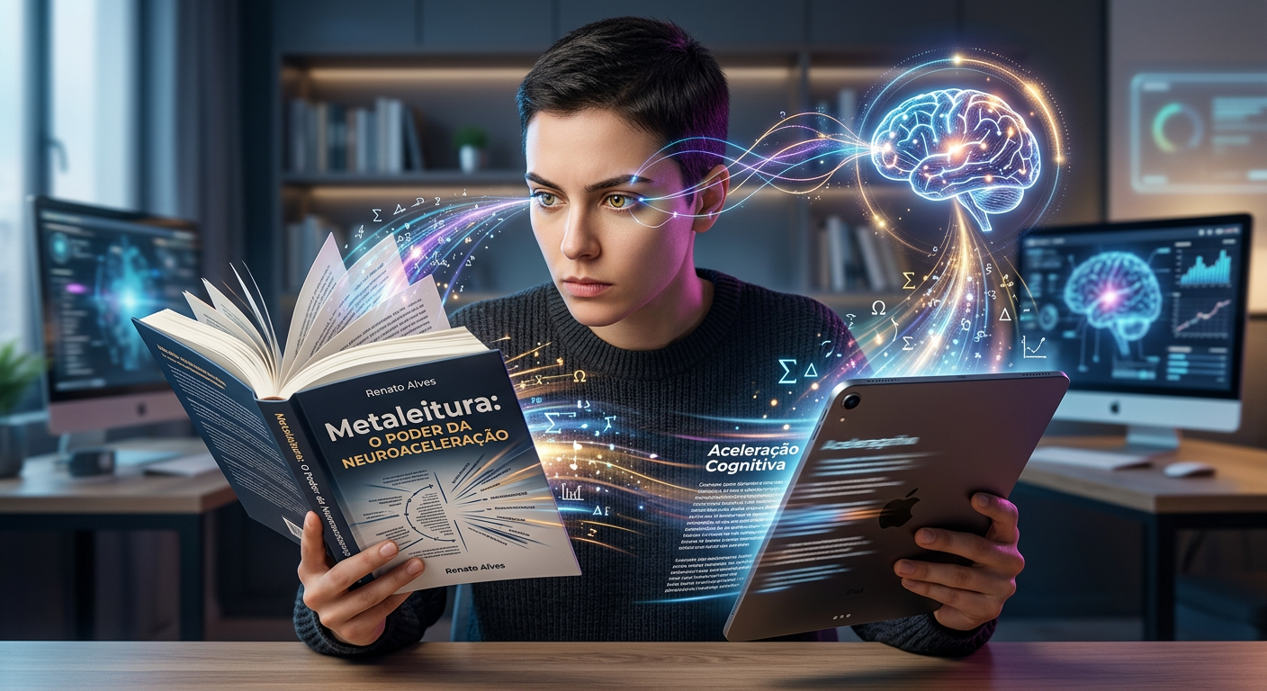 Pessoa lendo rapidamente com foco intenso, símbolos de velocidade e ativação cerebral ilustrando o método Metaleitura de Renato Alves para leitura dinâmica e neuroaprendizagem.