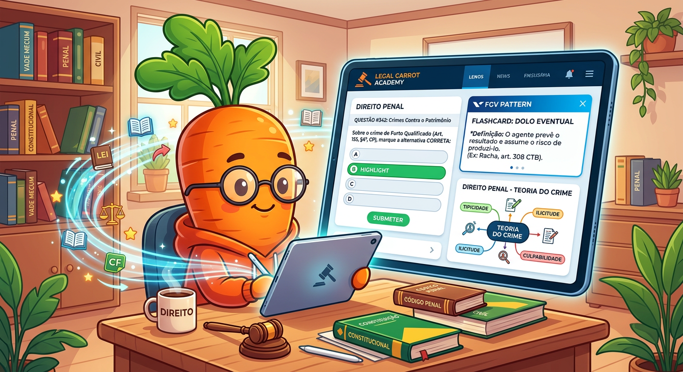 Ilustração digital de um personagem cenoura estudando em um tablet com conteúdo jurídico e ferramentas da Plataforma do Cenoura 2.0.