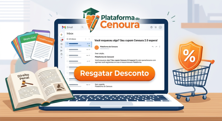 Imagem de tela de laptop com e-mail de cupom de desconto da Plataforma do Cenoura 2.0 por abandono de carrinho, com elementos de estudo jurídico e logo Cenoura.