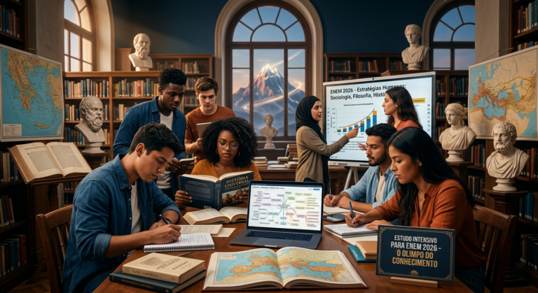 Estudantes concentrados em preparação para ENEM e vestibulares de Humanas com o Extensivo PRO Monte Olimpo 2026, cercados por símbolos de história, filosofia e sucesso acadêmico.