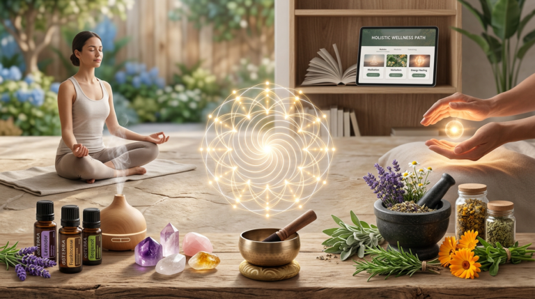 Coleção harmoniosa de símbolos de terapias holísticas como cristais, óleos essenciais, meditação e mãos de Reiki, com um laptop, representando formação online completa e diversificada.