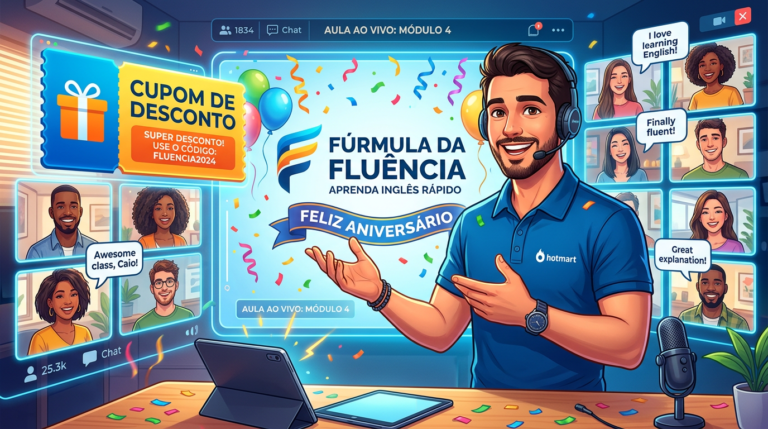 Caio R. apresentando uma promoção de aniversário para o curso Fórmula da Fluência, com cupom de desconto e alunos virtuais engajados.