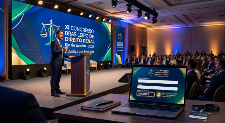 Imagem promocional do XI Congresso Brasileiro de Direito Penal com foco em cupom de desconto e menor preço de 2026 para atualização jurídica.