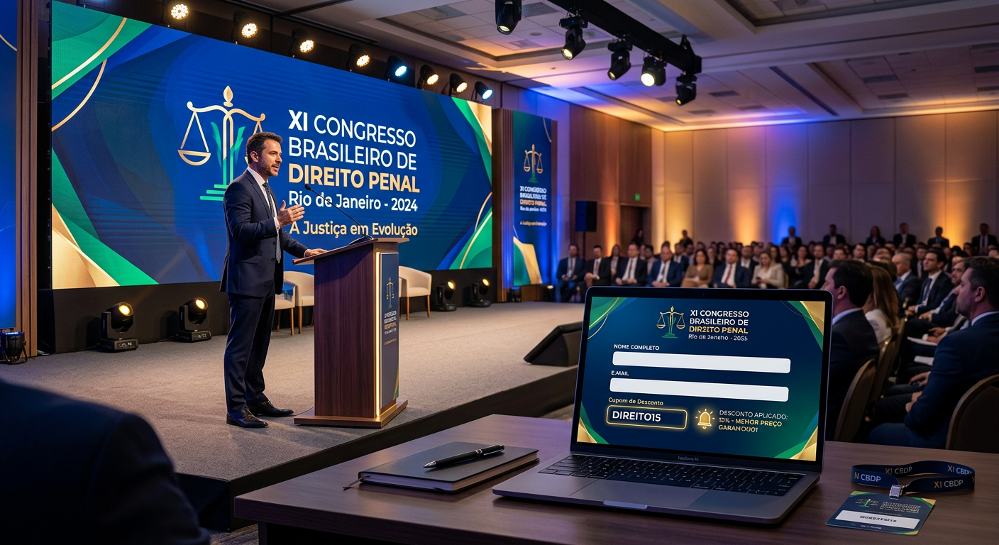 Imagem promocional do XI Congresso Brasileiro de Direito Penal com foco em cupom de desconto e menor preço de 2026 para atualização jurídica.