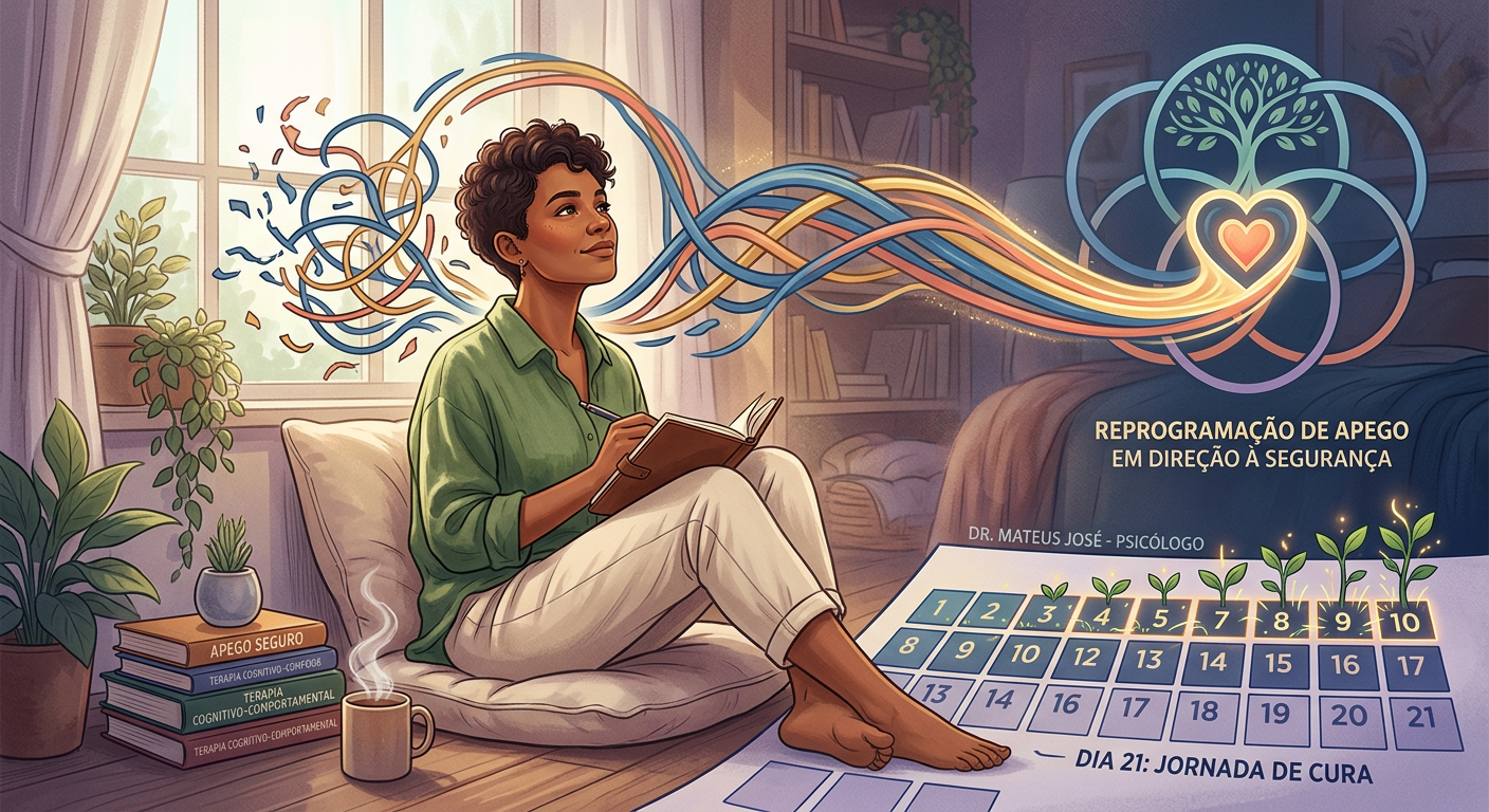 Ilustração digital de um indivíduo em introspecção, com símbolos de reprogramação de apego e cura emocional, representando o desafio de 21 dias do Psicólogo Mateus José.