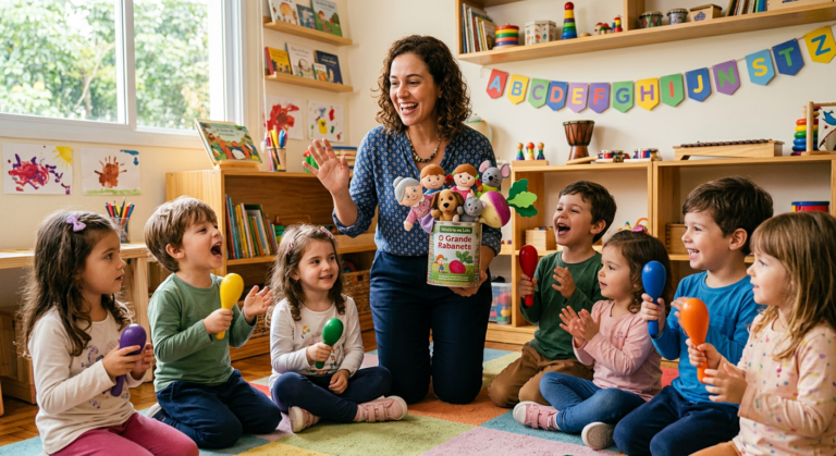 Professora e crianças engajadas em atividades musicais e contação de histórias com instrumentos e recursos visuais interativos em sala de aula.