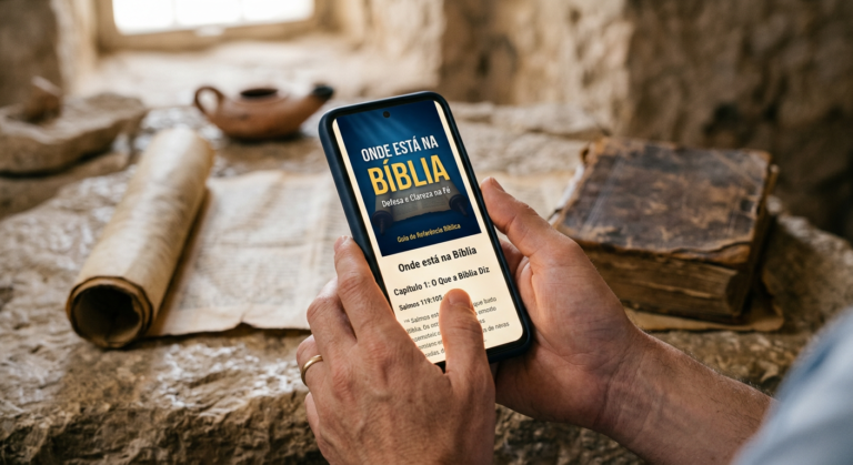Ebook 'Onde está na Bíblia' em smartphone, com fundo de manuscritos antigos e ruínas, simbolizando defesa da fé católica contra heresias.