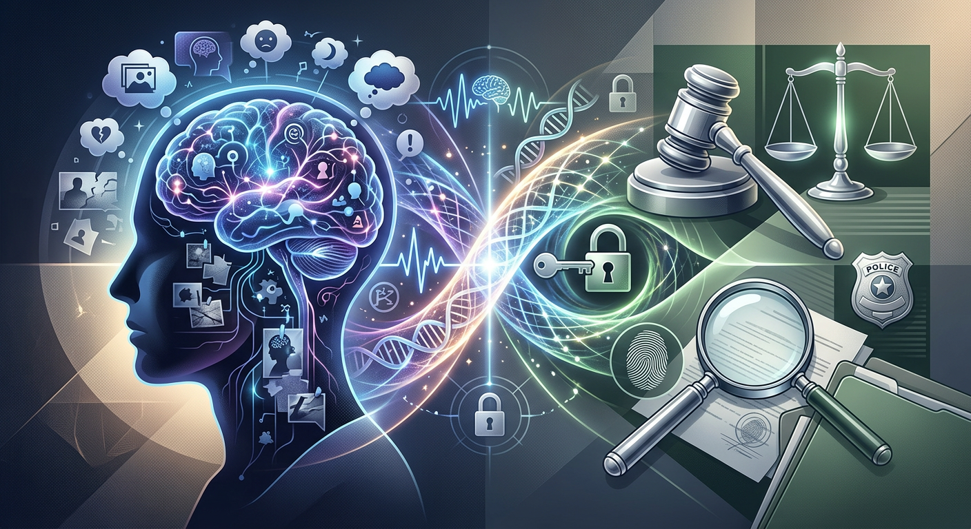 Ilustração conceitual unindo psicanálise (mente) e ciência forense (justiça), representando formação e carreira.