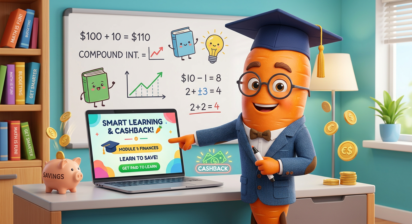 Professor Cenoura, um personagem de cenoura animado e amigável, com capelo e óculos, apontando para um notebook com conteúdo educacional. Símbolos de cashback e moedas flutuam ao redor, ilustrando a possibilidade de dinheiro de volta em uma plataforma de ensino.