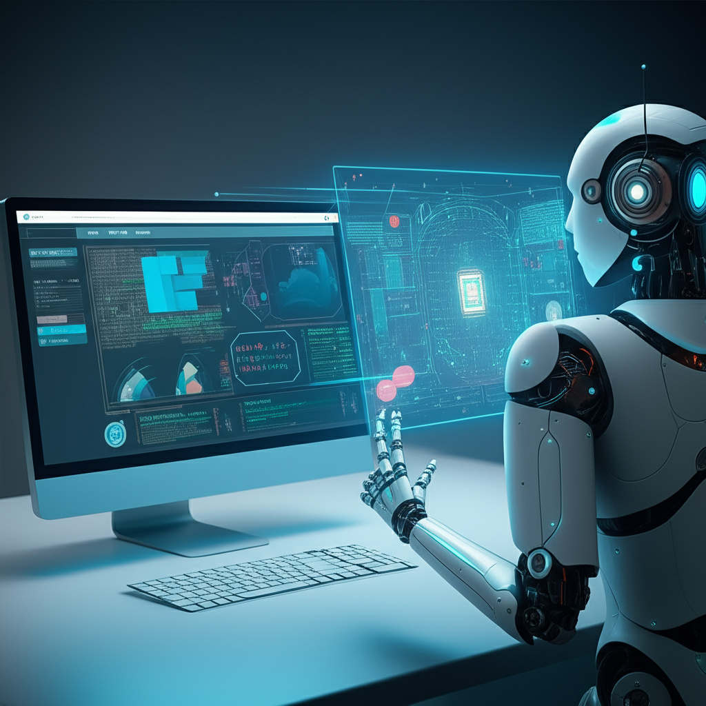 Ilustração de um robô criando conteúdo para redes sociais