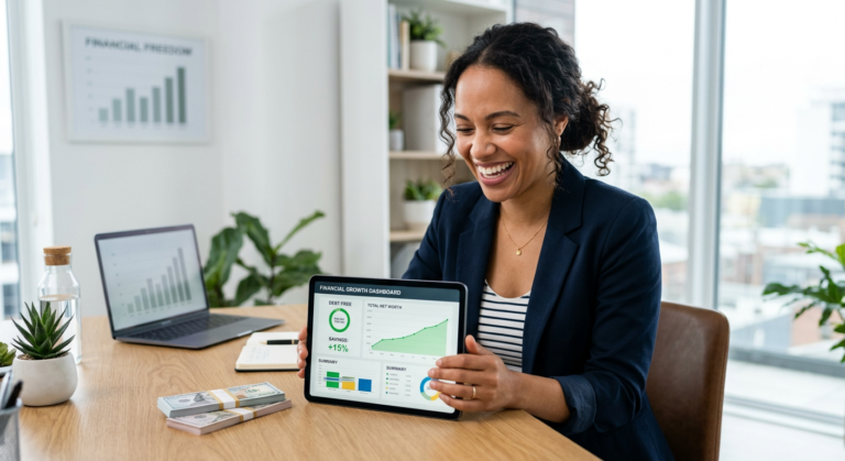 Pessoa sorrindo e olhando para um dashboard financeiro digital, simbolizando controle e liberdade sobre o dinheiro após sair das dívidas com o curso Viva Sempre com Dinheiro.