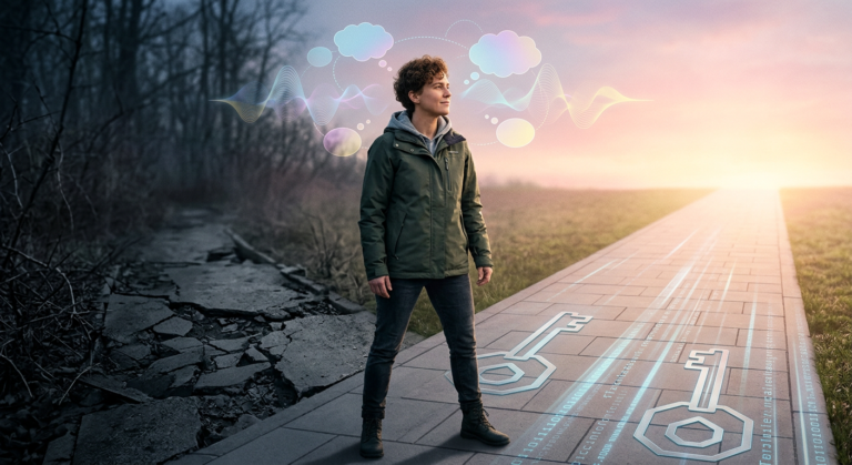 Pessoa confiante em um caminho de autodescoberta e empoderamento, simbolizando a estratégia 'Reconquista Arautos' de César com um toque digital de código ou método.