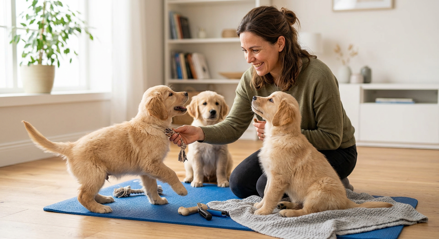 Marina Volanski, zootecnista, com dois filhotes de cachorro aprendendo comandos básicos em um ambiente doméstico. A imagem representa o curso 'Super Filhotes' de adestramento e educação canina.
