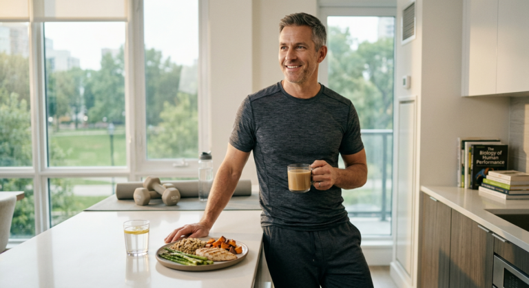 Homem adulto com energia e foco, demonstrando saúde e vitalidade otimizada, representando os resultados do Clube da Testo do Dr. Alessandro Loiola.