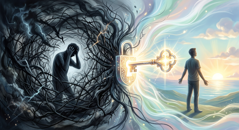 Imagem simbólica de uma chave dourada etérea destravando a mente de uma pessoa, que transiciona de um estado de ansiedade caótica para um de paz e clareza, com luz suave e cores serenas.