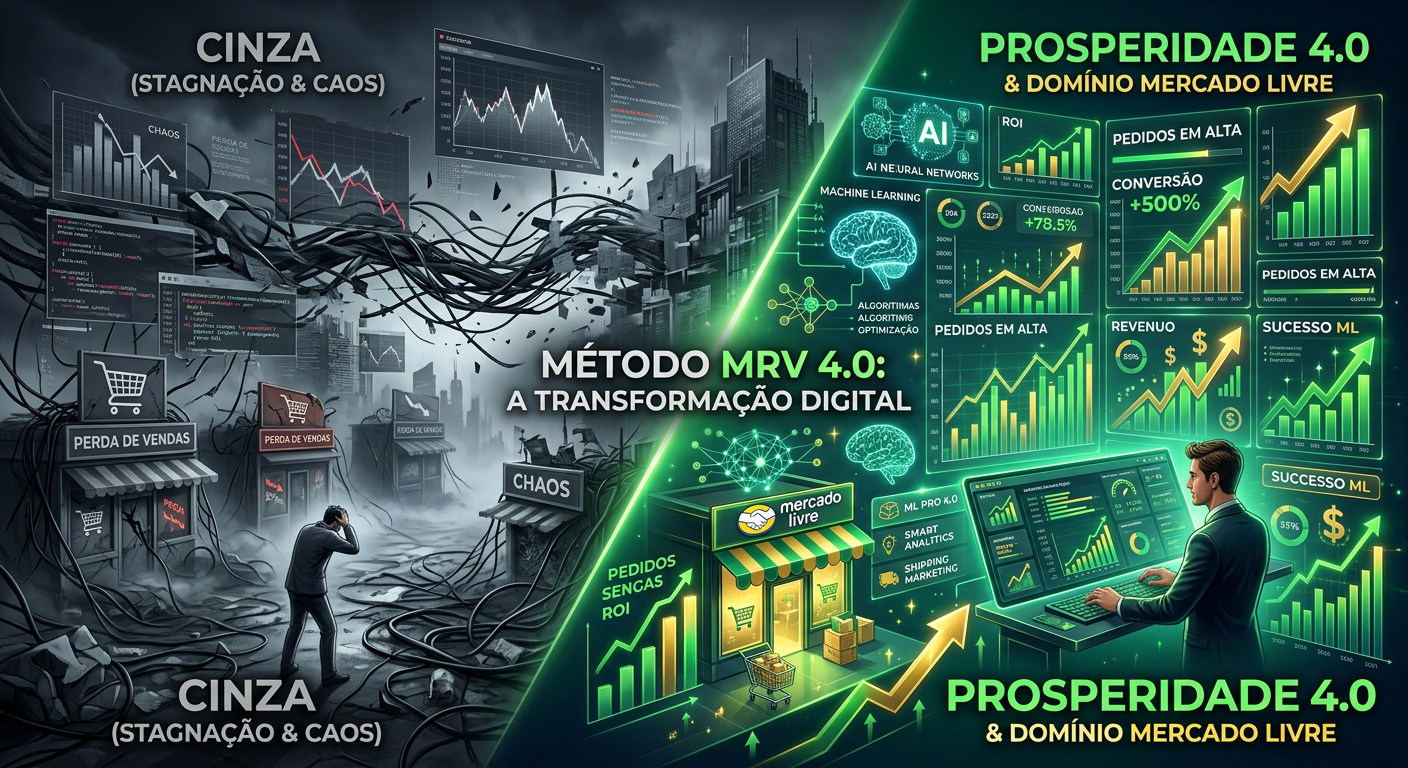 Imagem conceitual do Método MRV 4.0, mostrando a transformação de um cenário digital cinza e caótico para um painel de e-commerce verde vibrante e lucrativo com IA, representando o sucesso no Mercado Livre.
