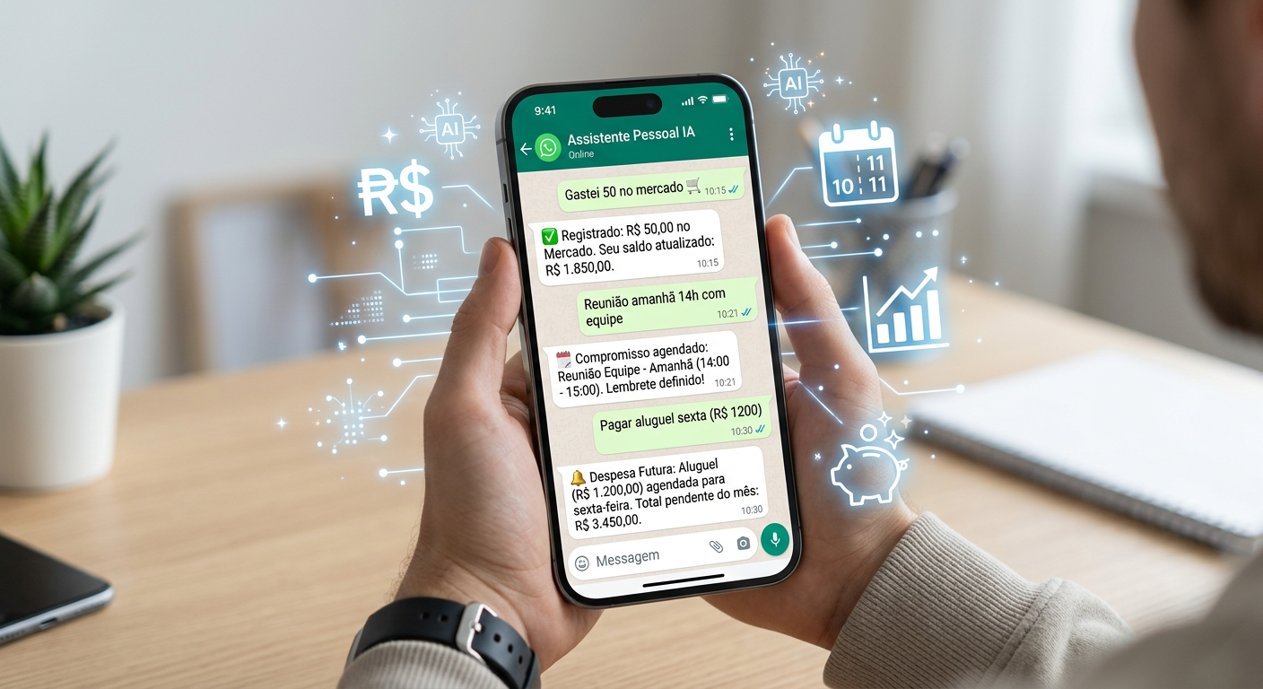 Smartphone com interface do WhatsApp exibindo comandos e registros automáticos do MeuAssessor para organização financeira e de compromissos.