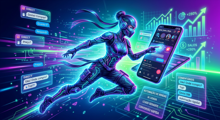 Ninja digital automatizando respostas e envio de links no Instagram Direct para vendas rápidas.
