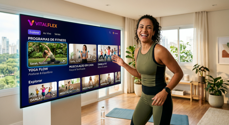 Mulher feliz acessando plataforma de treinos online Natflix Fitness com diversas modalidades em tela.
